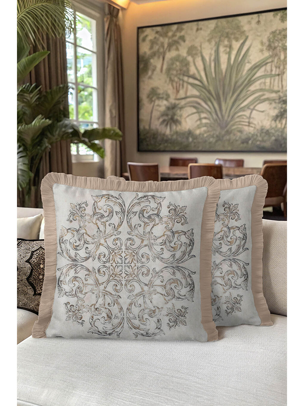 Karışık Barok Şıklık Saçaklı Yastık Kılıfı - Klasik Rustik Bej Altın Renkli Püsküllü Kırlent Kılıfı-5