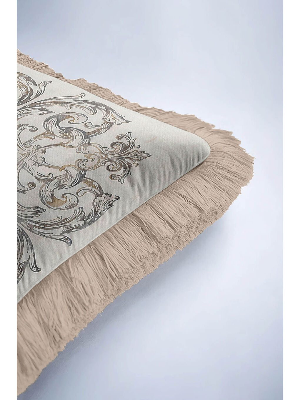 Karışık Barok Şıklık Saçaklı Yastık Kılıfı - Klasik Rustik Bej Altın Renkli Püsküllü Kırlent Kılıfı-6