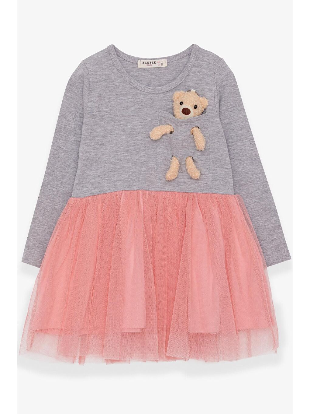 Kız Çocuk Uzun Kollu Elbise Ayıcık Aksesuarlı Gri Melanj (3 Yaş)