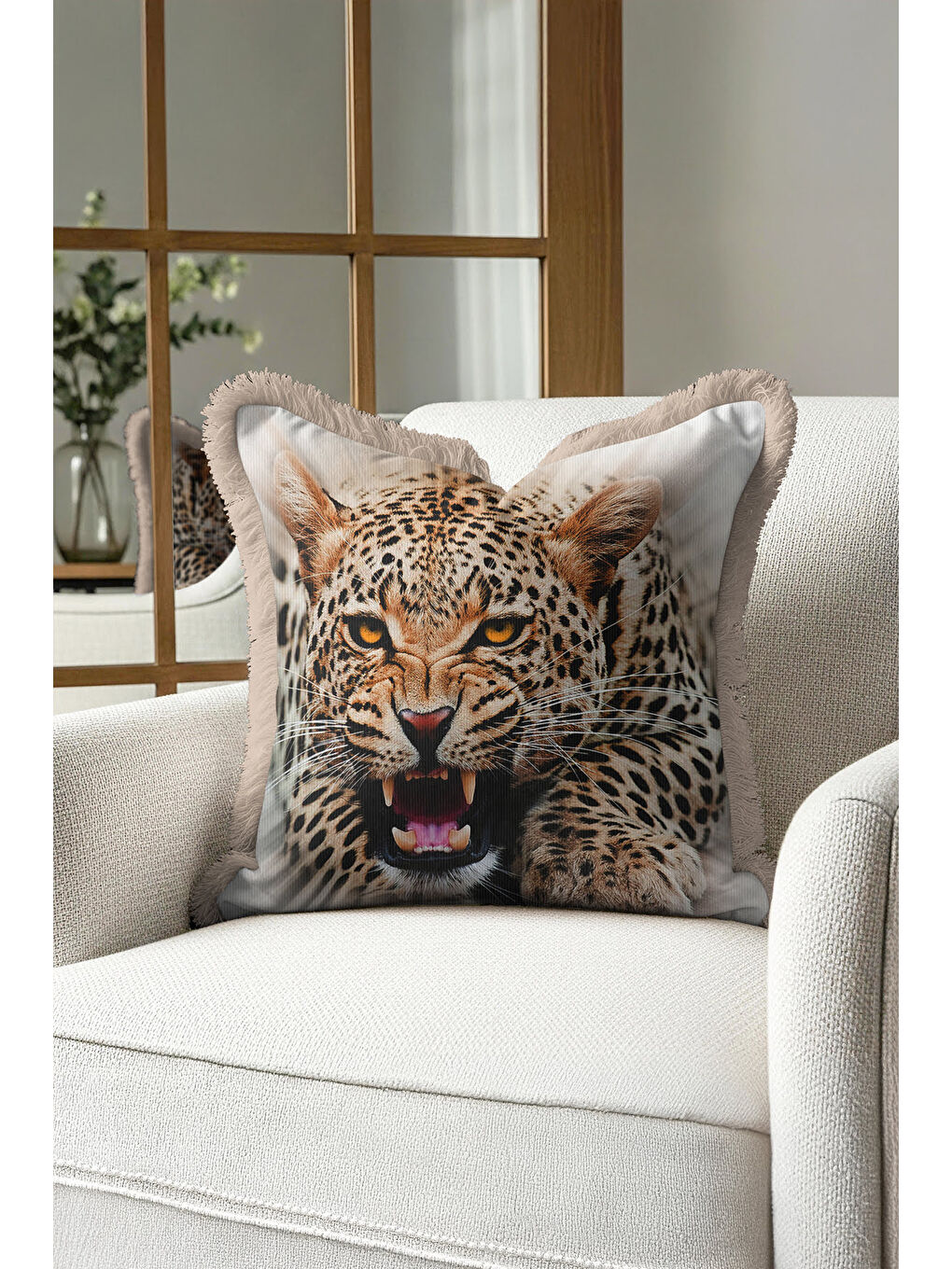 Karışık Vahşi Leopar Saçaklı Yastık Kılıfı - Doğal Safari Bohem Bej Altın Renkli Püsküllü Kırlent Kılıfı