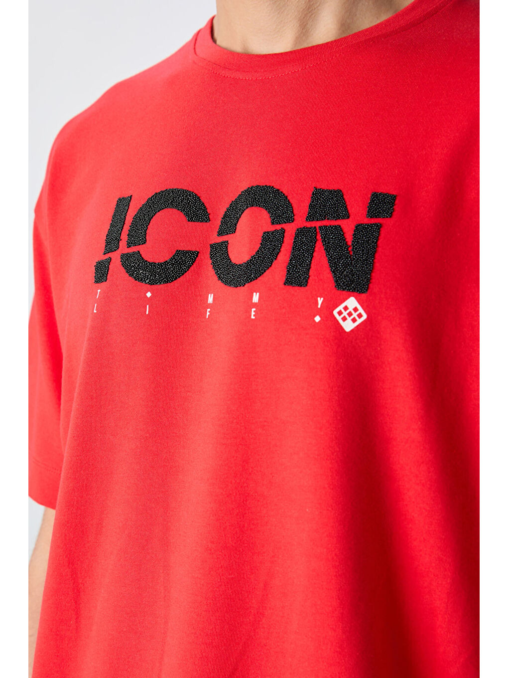 Kırmızı Pamuklu Kalın Yumuşak Dokulu Oversize Fit Baskılı Erkek Tişört - 88331-2