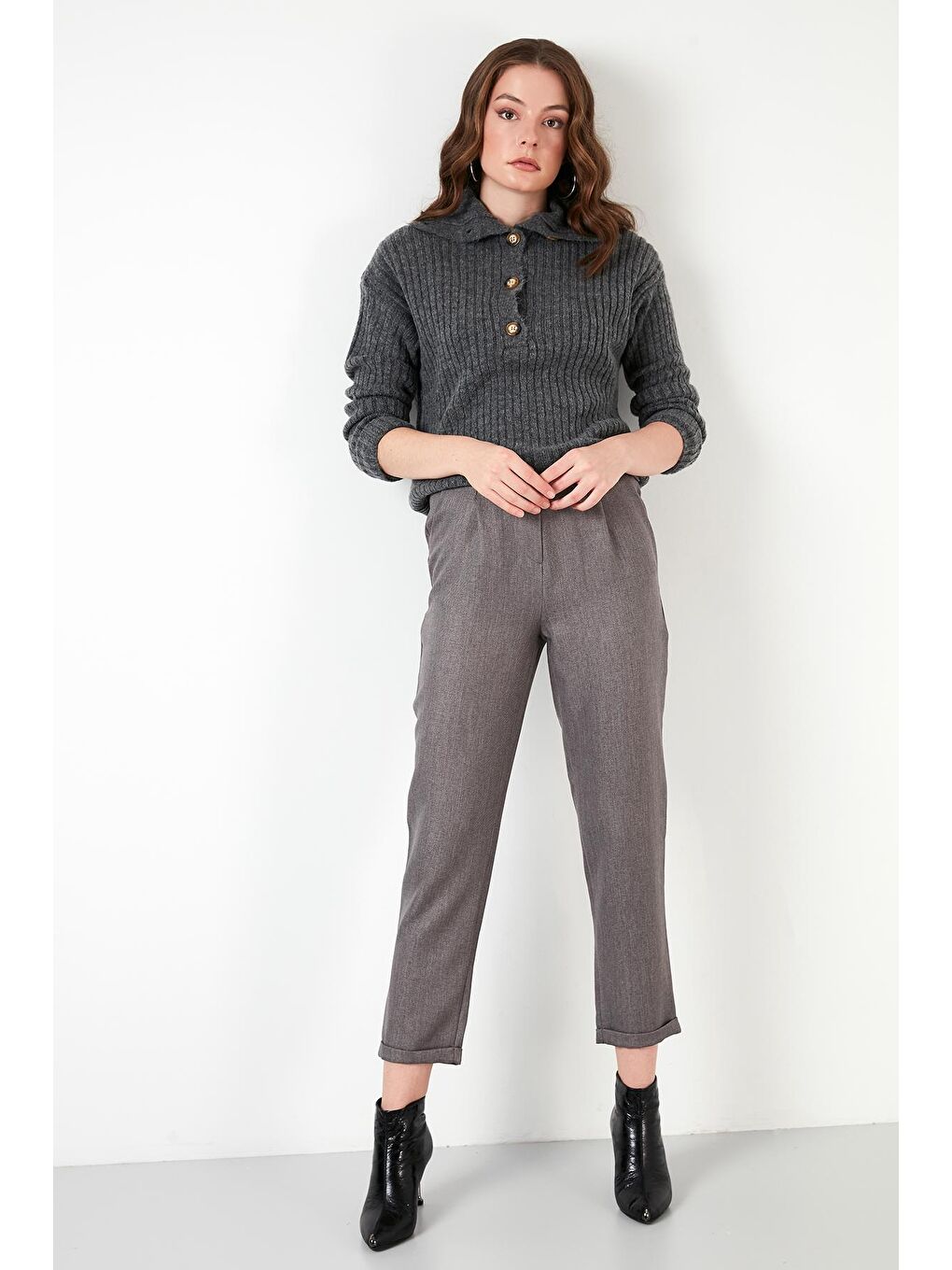 Gri Düğmeli Balıkçı Yaka Fitilli Kazak 4616020-3