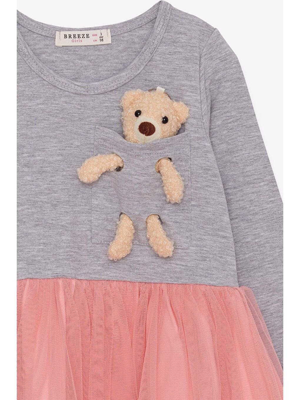 Kız Çocuk Uzun Kollu Elbise Ayıcık Aksesuarlı Gri Melanj (3 Yaş)-2