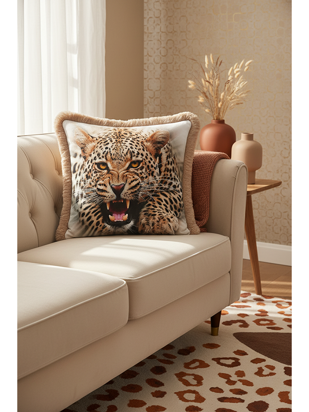 Karışık Vahşi Leopar Saçaklı Yastık Kılıfı - Doğal Safari Bohem Bej Altın Renkli Püsküllü Kırlent Kılıfı-1