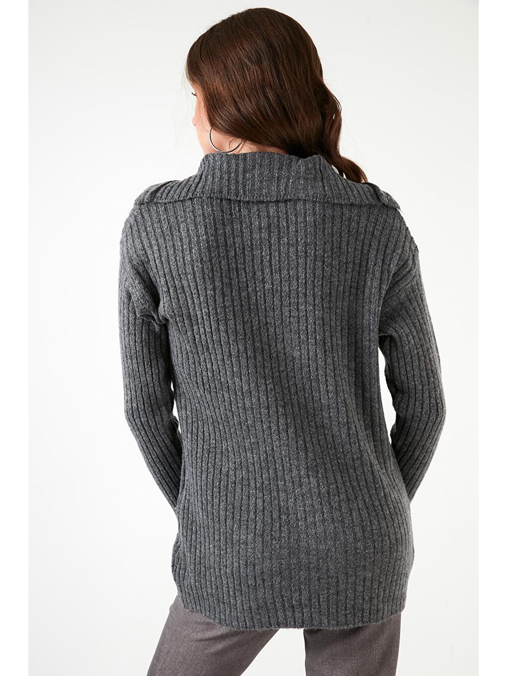 Gri Düğmeli Balıkçı Yaka Fitilli Kazak 4616020-4