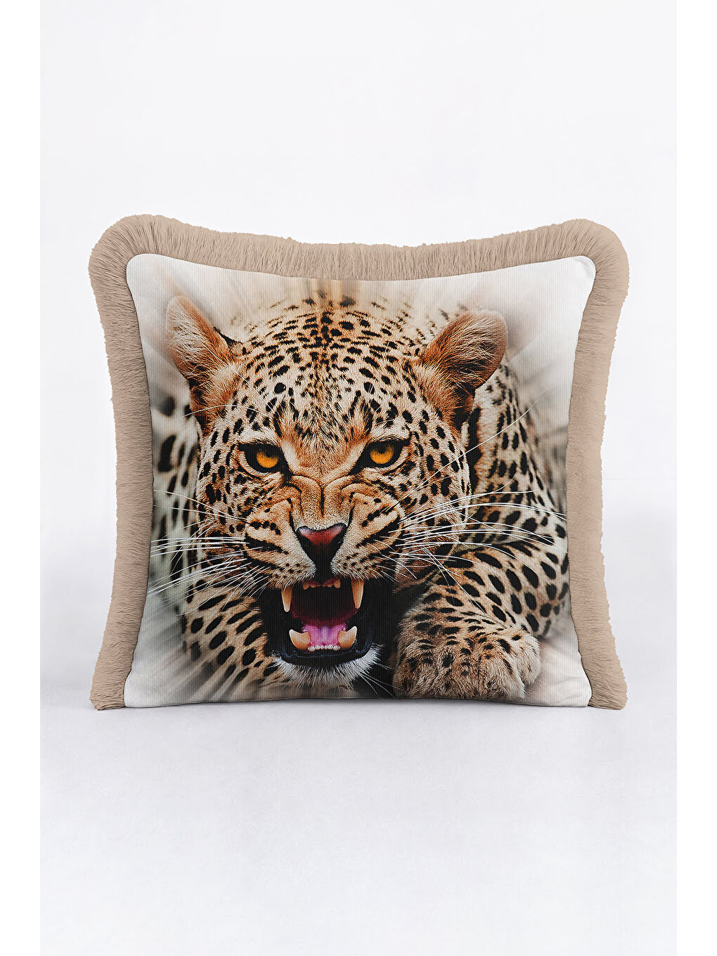 Karışık Vahşi Leopar Saçaklı Yastık Kılıfı - Doğal Safari Bohem Bej Altın Renkli Püsküllü Kırlent Kılıfı-2