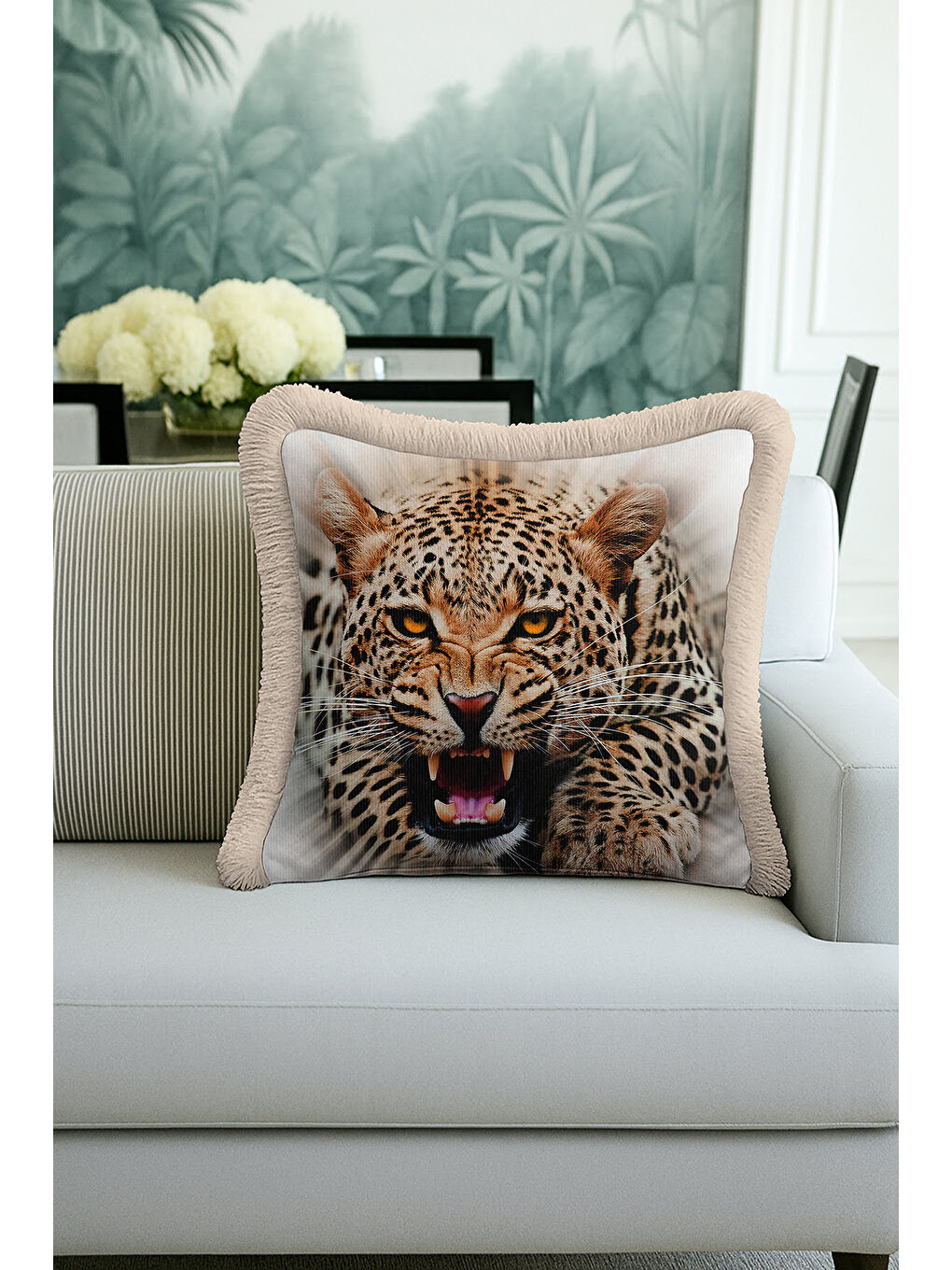 Karışık Vahşi Leopar Saçaklı Yastık Kılıfı - Doğal Safari Bohem Bej Altın Renkli Püsküllü Kırlent Kılıfı-4