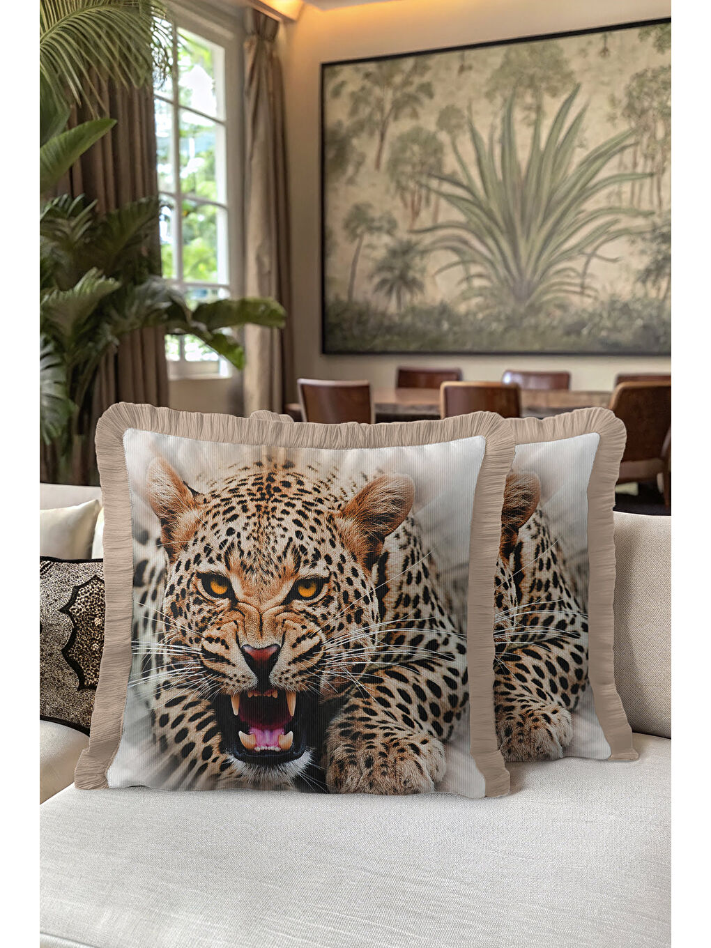 Karışık Vahşi Leopar Saçaklı Yastık Kılıfı - Doğal Safari Bohem Bej Altın Renkli Püsküllü Kırlent Kılıfı-5