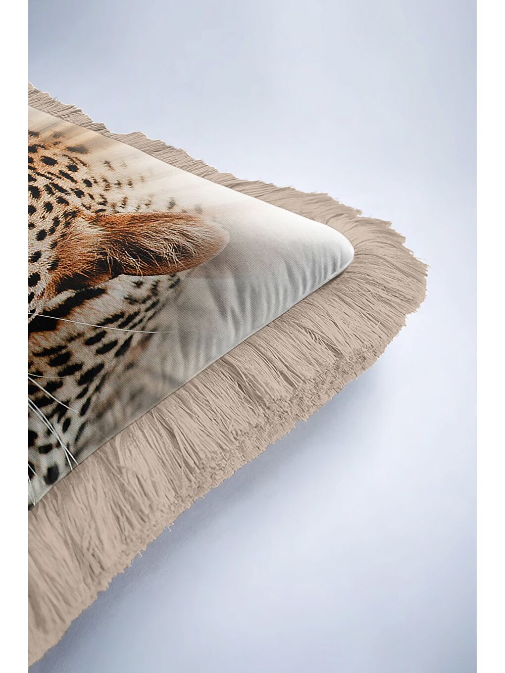 Karışık Vahşi Leopar Saçaklı Yastık Kılıfı - Doğal Safari Bohem Bej Altın Renkli Püsküllü Kırlent Kılıfı-6