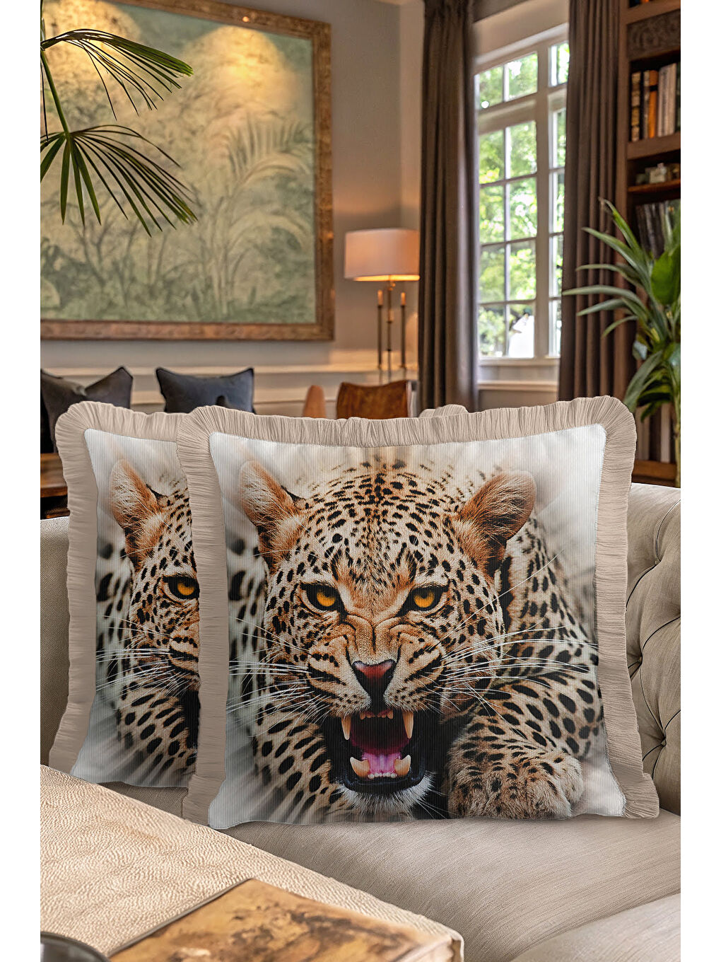 Karışık Vahşi Leopar Saçaklı Yastık Kılıfı - Doğal Safari Bohem Bej Altın Renkli Püsküllü Kırlent Kılıfı-7