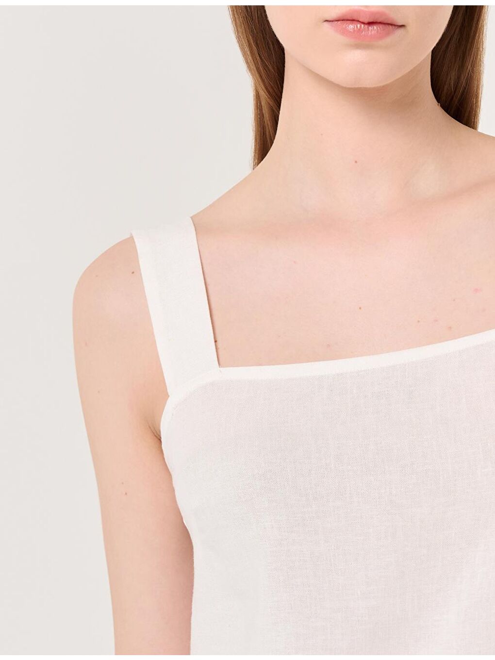 Beyaz Kolsuz Kare Yaka Keten Bluz-1