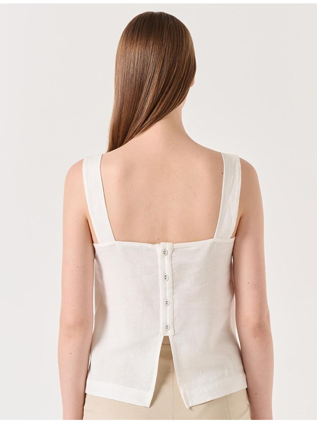 Beyaz Kolsuz Kare Yaka Keten Bluz-4