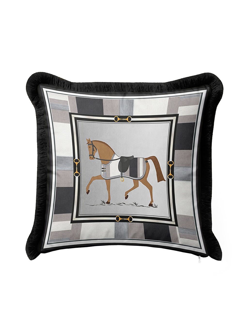 Karışık Lüks At Figürlü Saçaklı Yastık Kılıfı - Klasik Equestrian Temalı Siyah Gri Püsküllü Kırlent Kılıfı-1