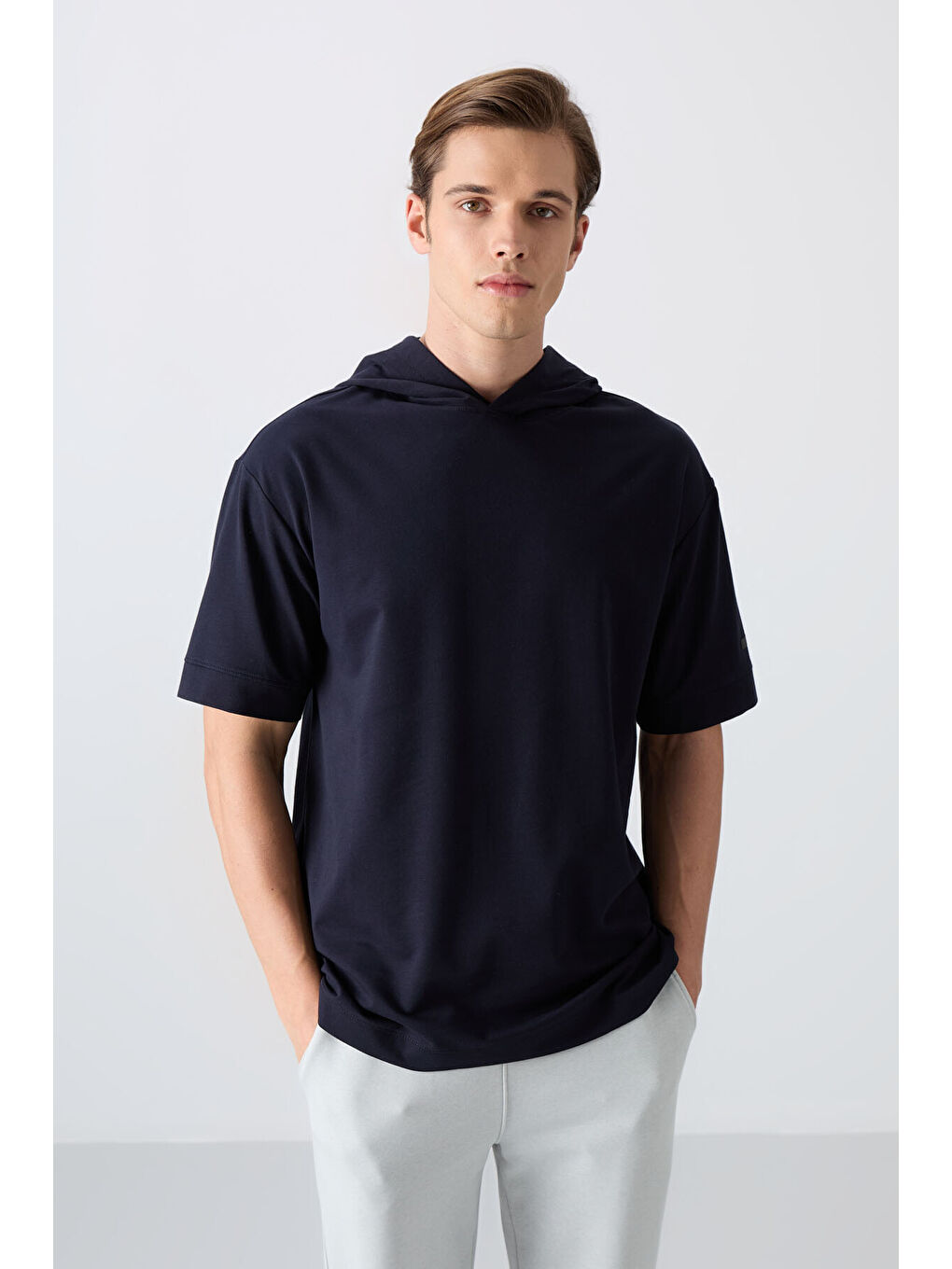 Lacivert Pamuklu Kalın Yumuşak Dokulu Oversize Fit Basic Erkek Tişört - 88352