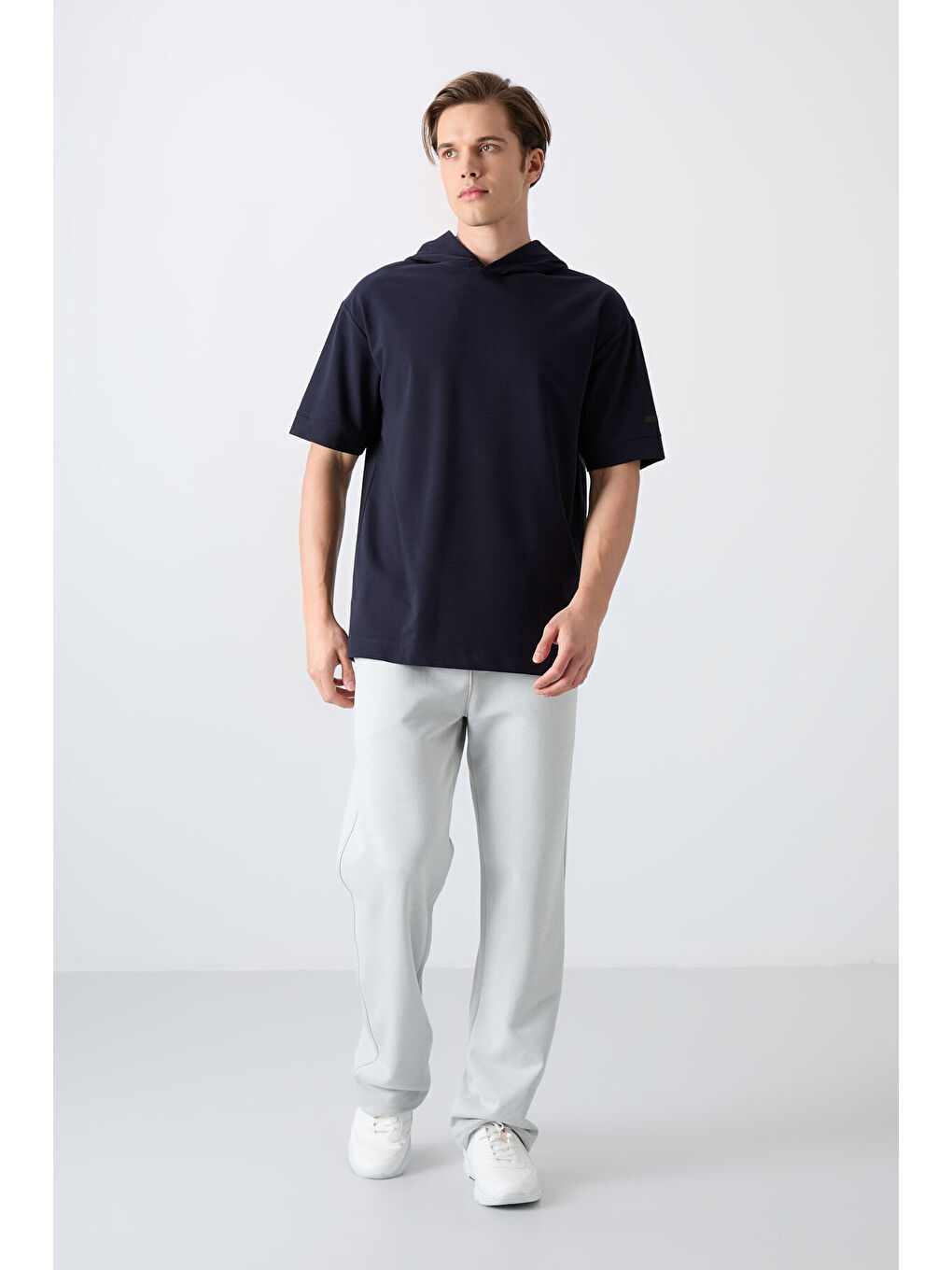 Lacivert Pamuklu Kalın Yumuşak Dokulu Oversize Fit Basic Erkek Tişört - 88352-1