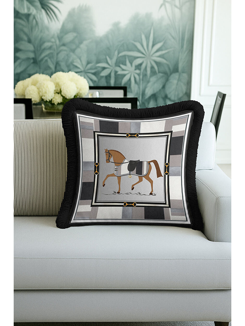 Karışık Lüks At Figürlü Saçaklı Yastık Kılıfı - Klasik Equestrian Temalı Siyah Gri Püsküllü Kırlent Kılıfı-3