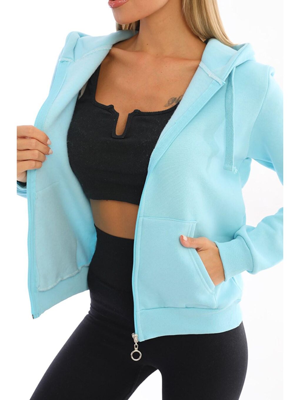 Turkuaz Fermuarlı Şardonlu Kadın Sweat-2