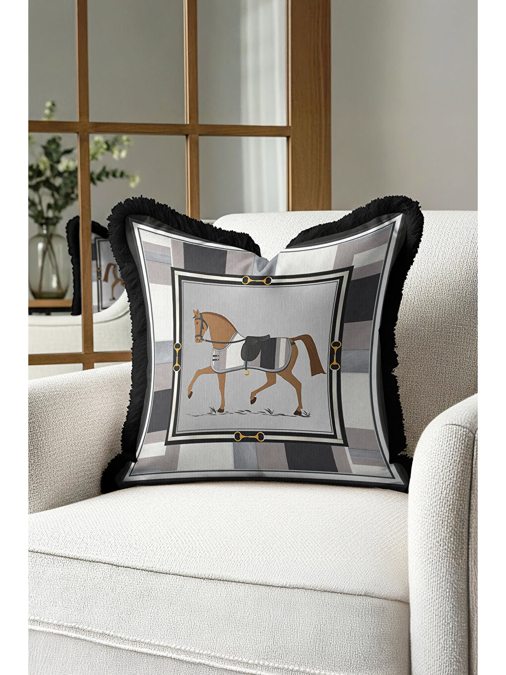 Karışık Lüks At Figürlü Saçaklı Yastık Kılıfı - Klasik Equestrian Temalı Siyah Gri Püsküllü Kırlent Kılıfı-4