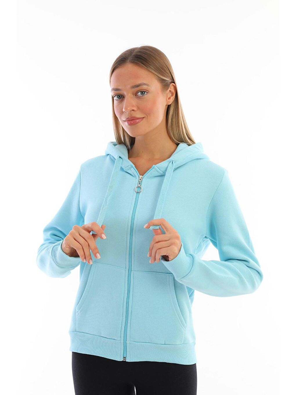 Turkuaz Fermuarlı Şardonlu Kadın Sweat-3