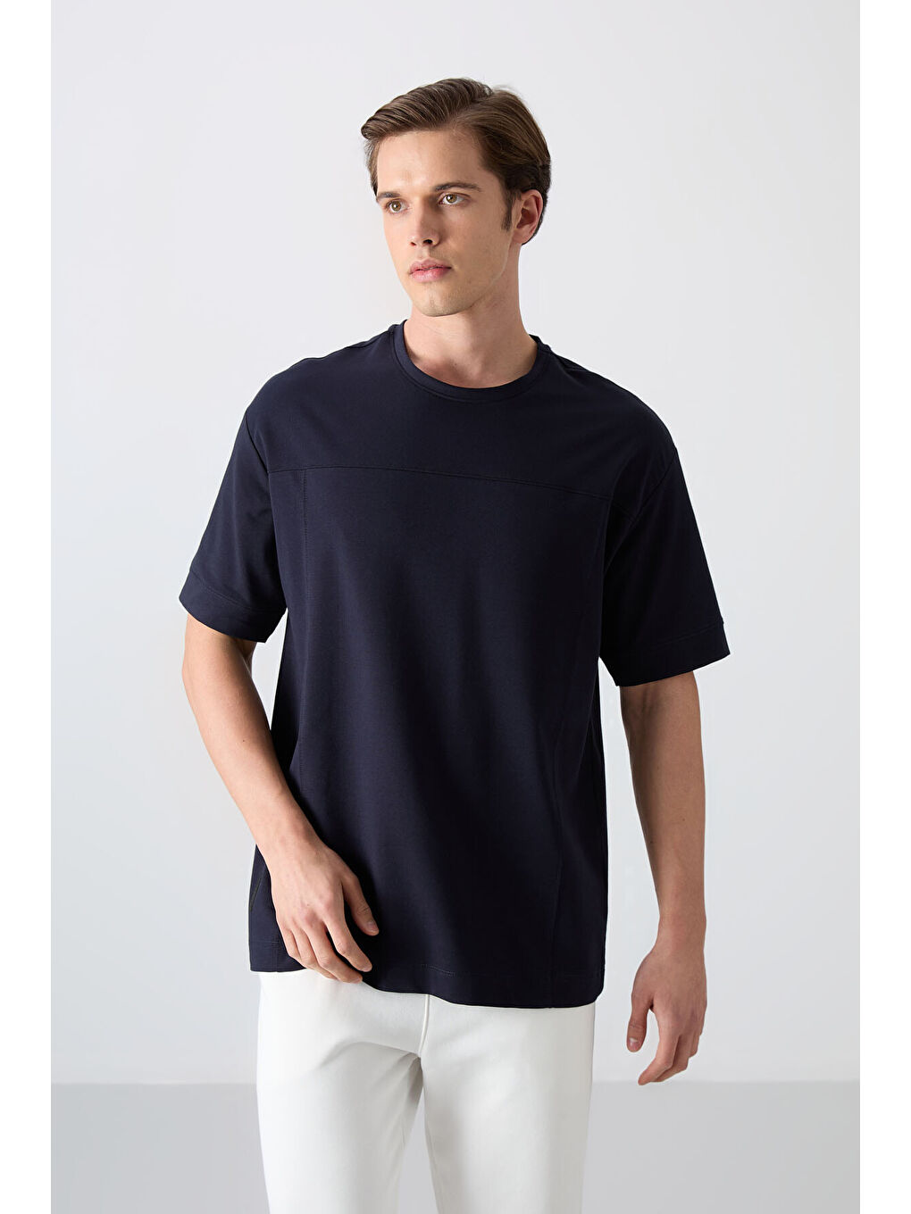 Lacivert Pamuklu Kalın Yumuşak Dokulu Oversize Fit Basic Erkek Tişört - 88349