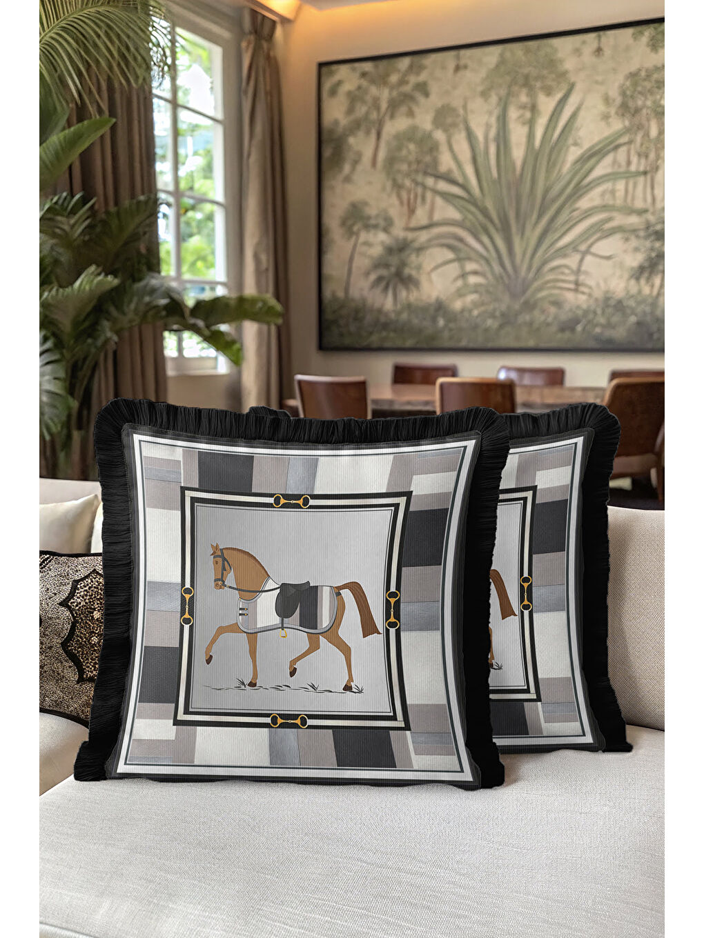 Karışık Lüks At Figürlü Saçaklı Yastık Kılıfı - Klasik Equestrian Temalı Siyah Gri Püsküllü Kırlent Kılıfı-5