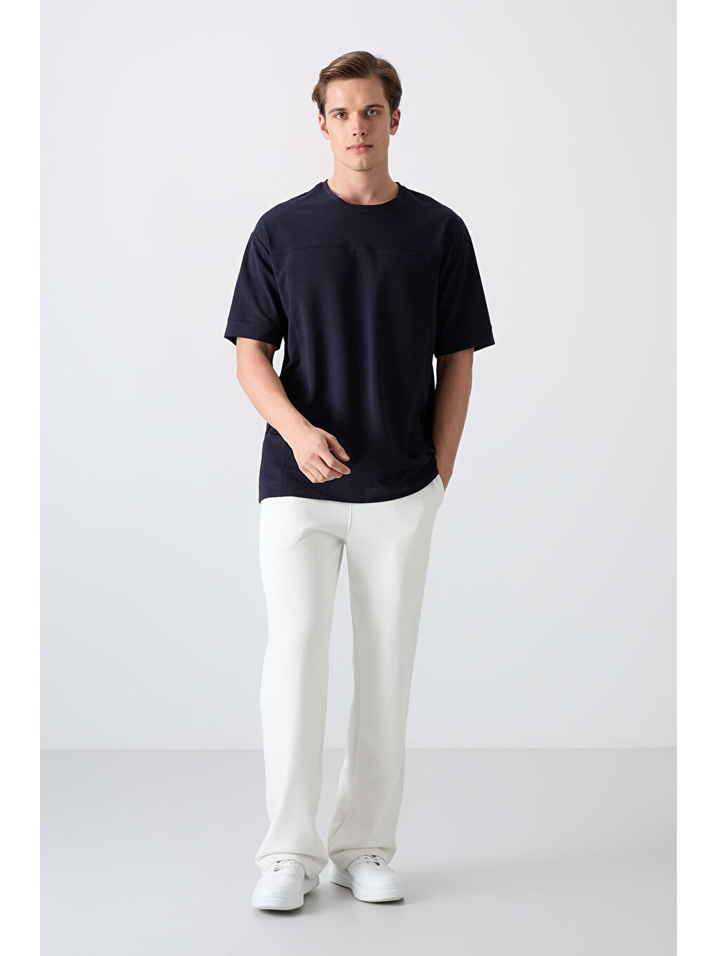 Lacivert Pamuklu Kalın Yumuşak Dokulu Oversize Fit Basic Erkek Tişört - 88349-1