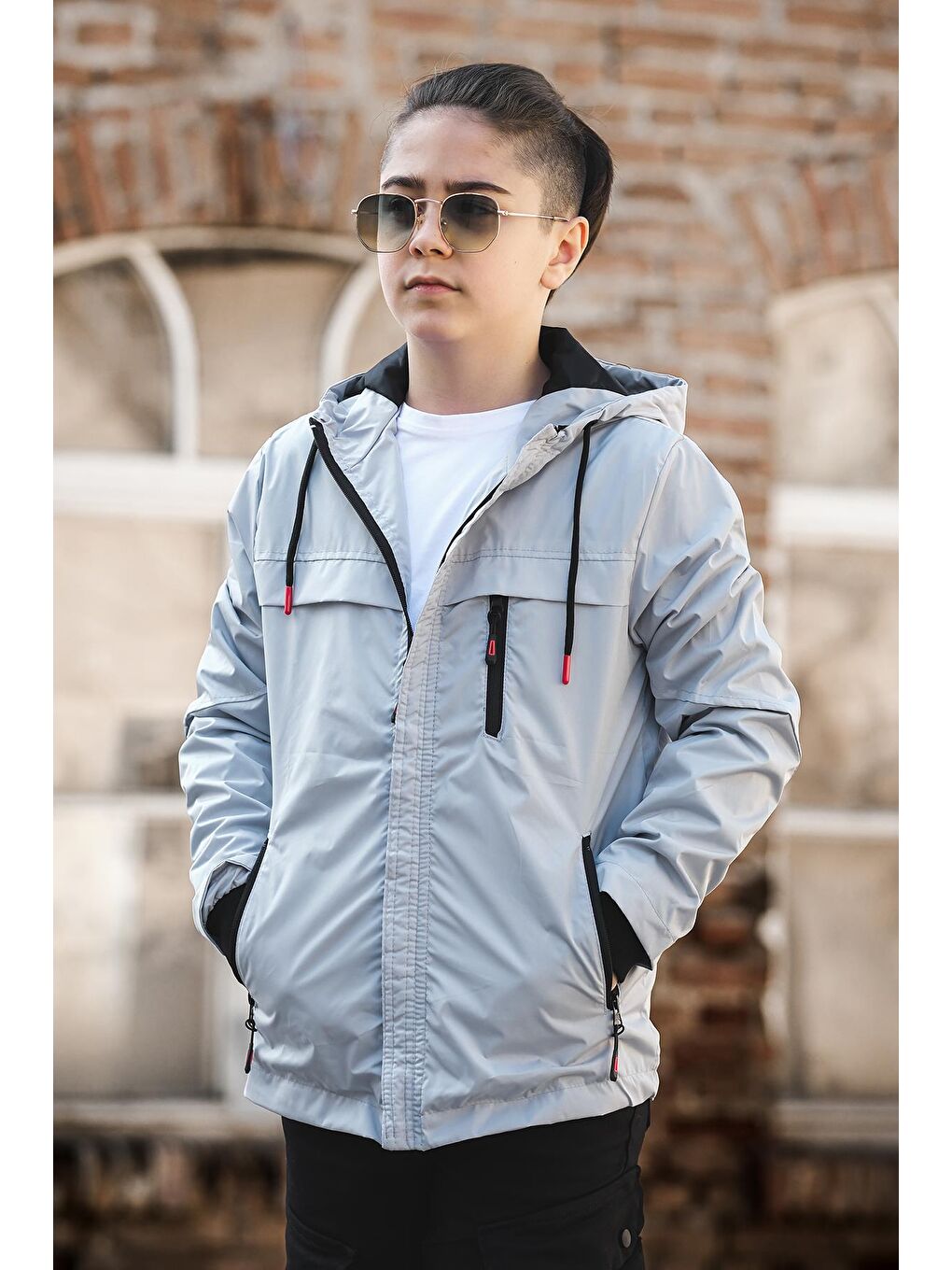 Gri Erkek Çocuk Kapüşonlu İçi Astarlı Cepli Mevsimlik Mont 2016-1