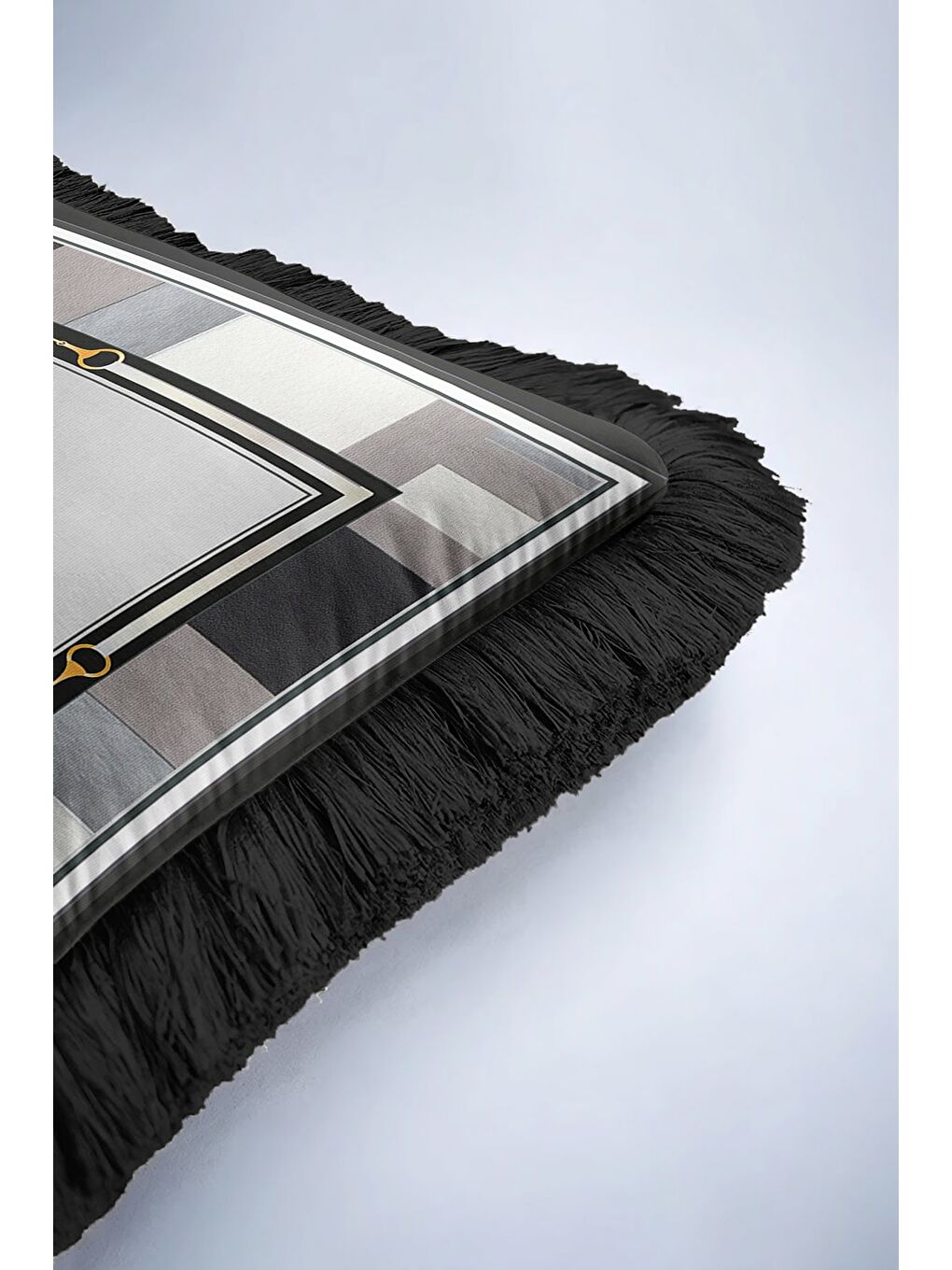 Karışık Lüks At Figürlü Saçaklı Yastık Kılıfı - Klasik Equestrian Temalı Siyah Gri Püsküllü Kırlent Kılıfı-6