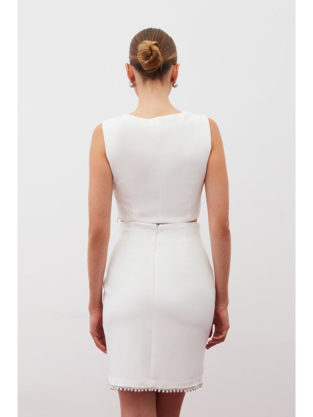 Aksesuarlı Kısa Etek - Ekru-5