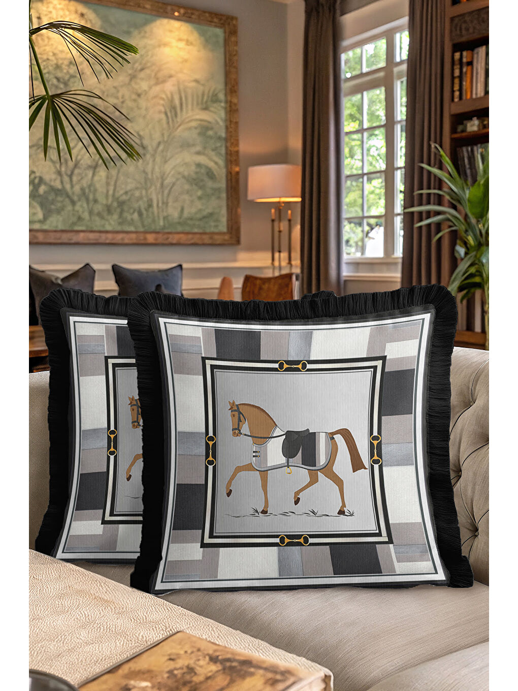 Karışık Lüks At Figürlü Saçaklı Yastık Kılıfı - Klasik Equestrian Temalı Siyah Gri Püsküllü Kırlent Kılıfı-7