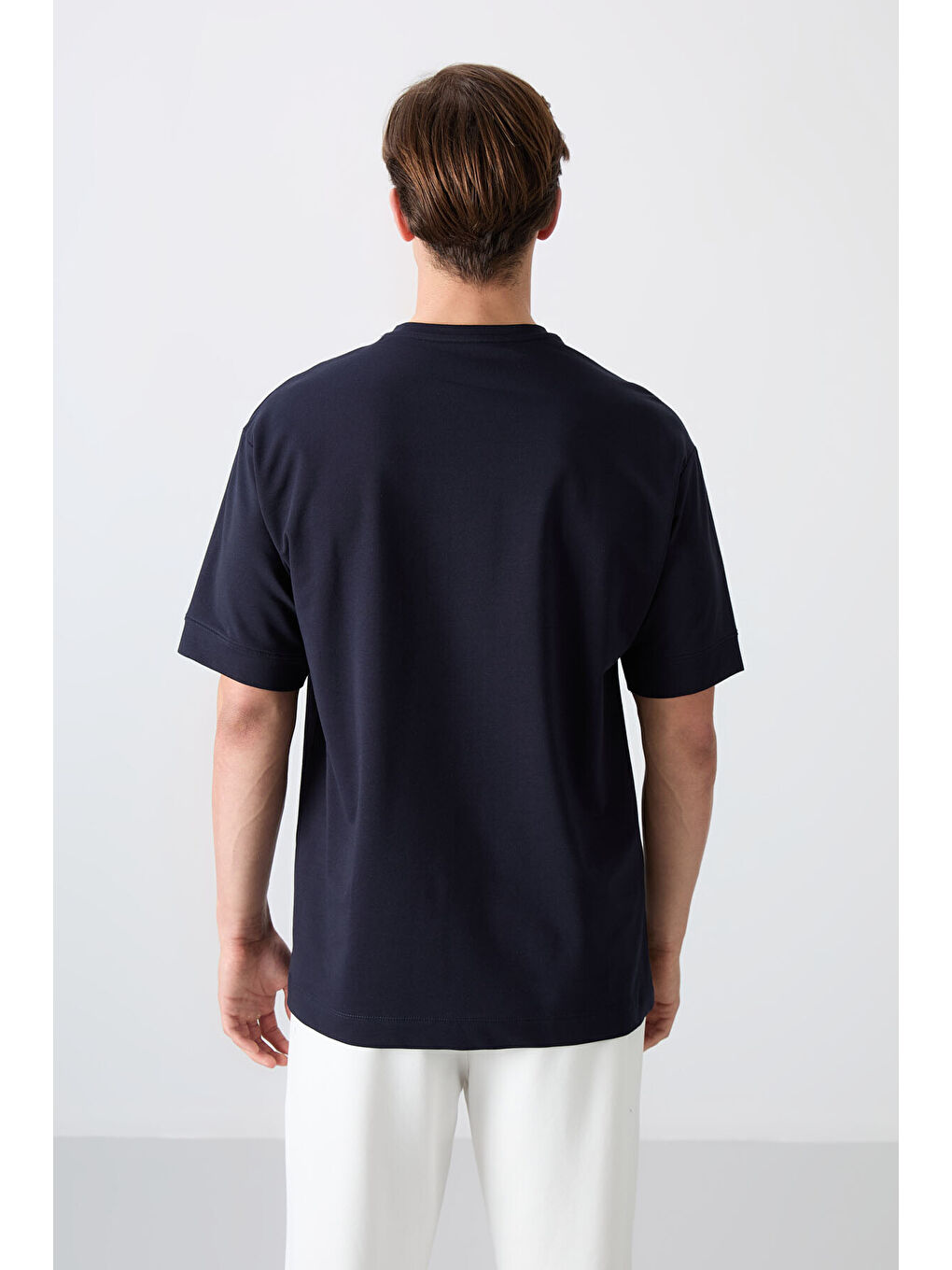 Lacivert Pamuklu Kalın Yumuşak Dokulu Oversize Fit Basic Erkek Tişört - 88349-4