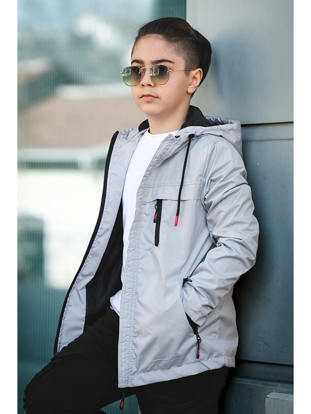 Gri Erkek Çocuk Kapüşonlu İçi Astarlı Cepli Mevsimlik Mont 2016-3