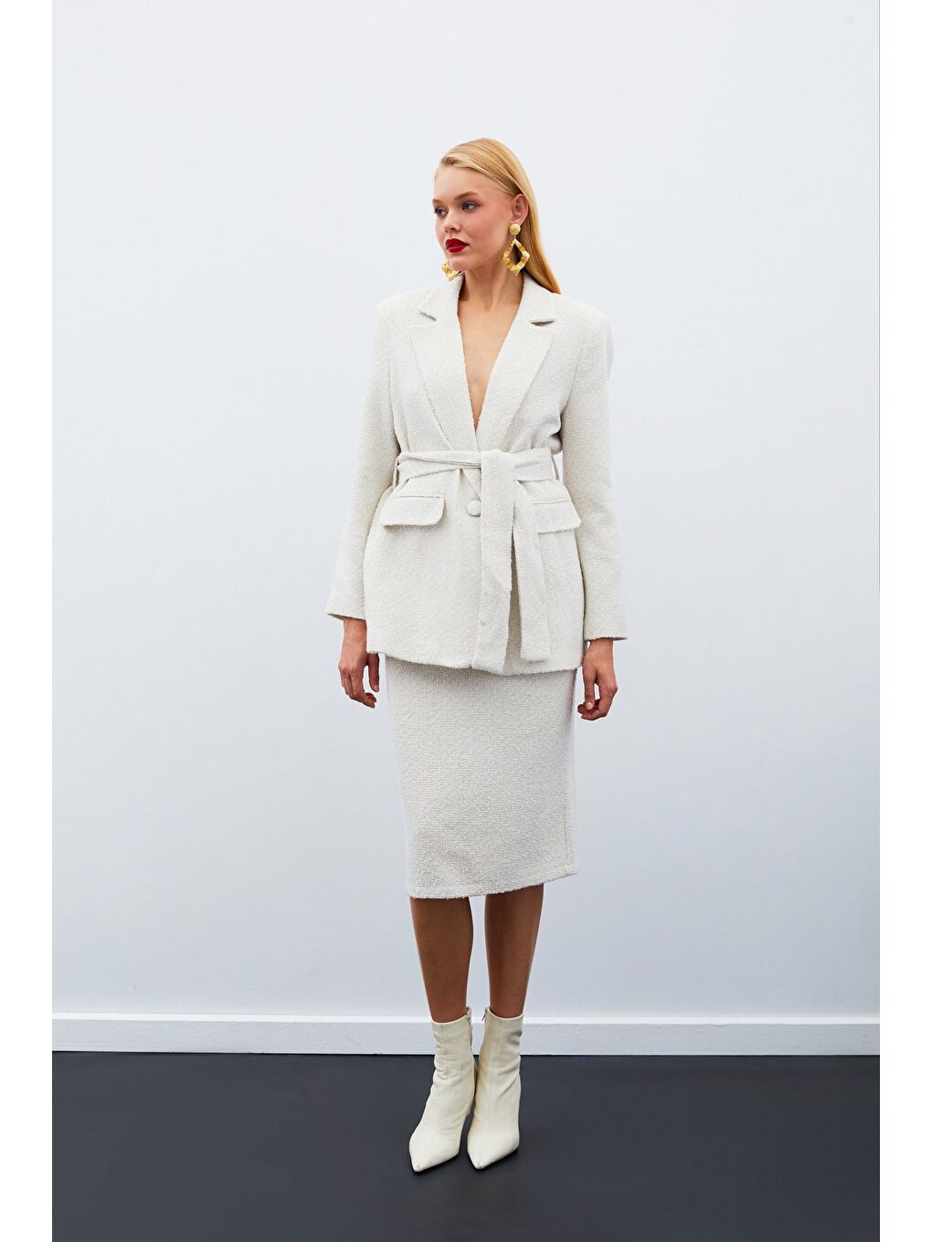 Bej Midi Boy Tüvit Etek - Taş