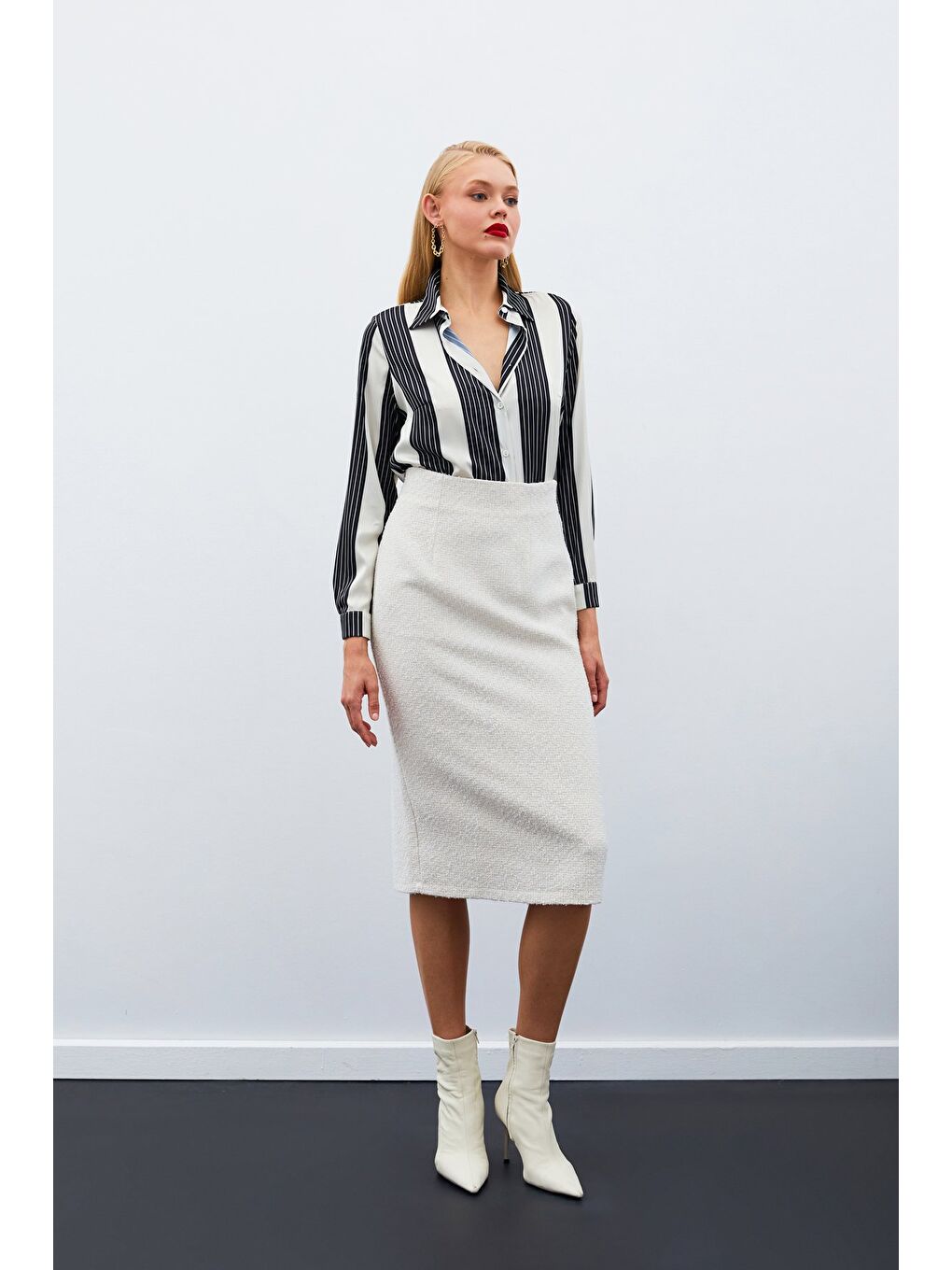 Bej Midi Boy Tüvit Etek - Taş-3