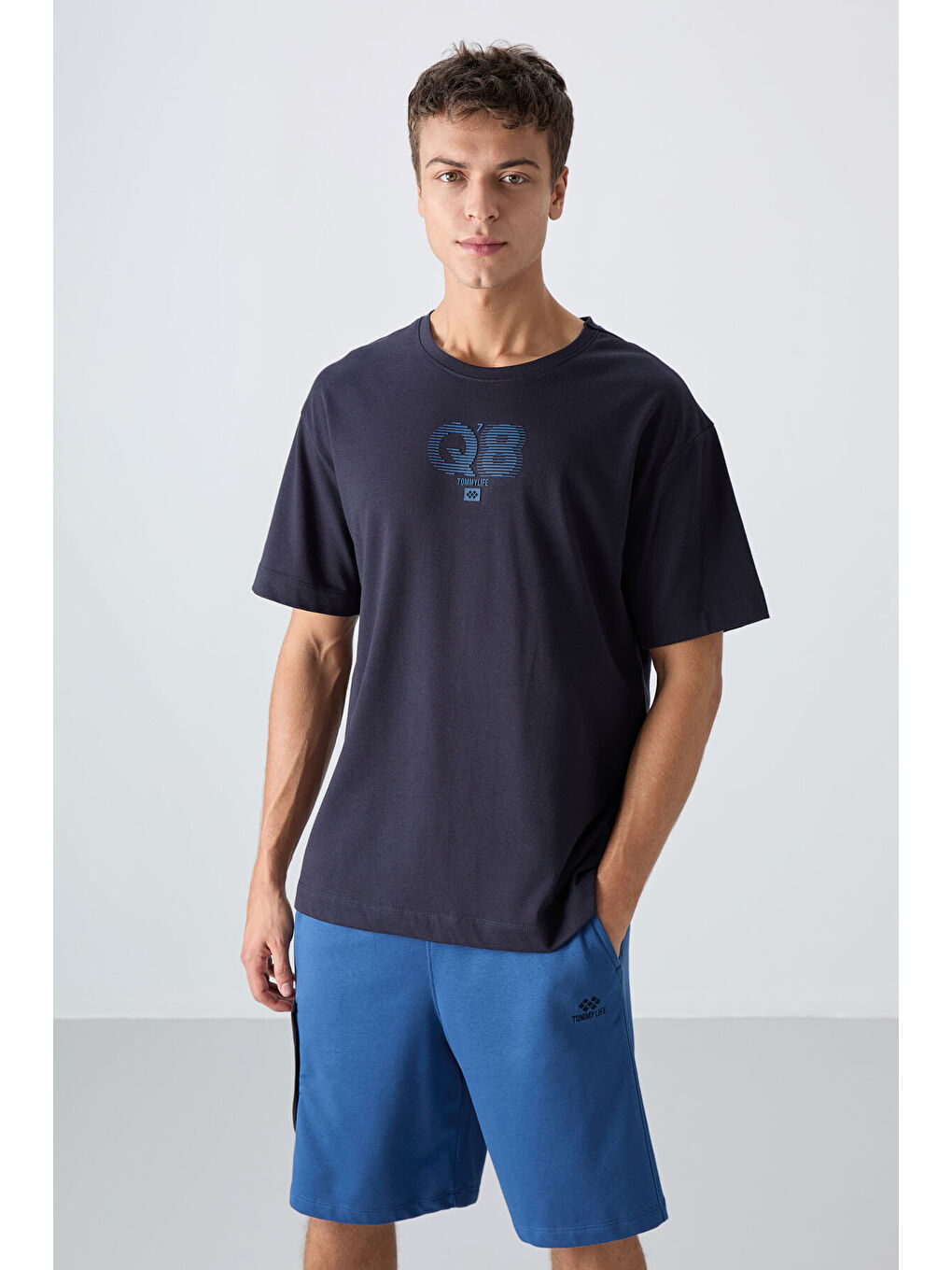 Lacivert Pamuklu Kalın Yumuşak Dokulu Oversize Fit Baskılı Erkek Tişört - 88333