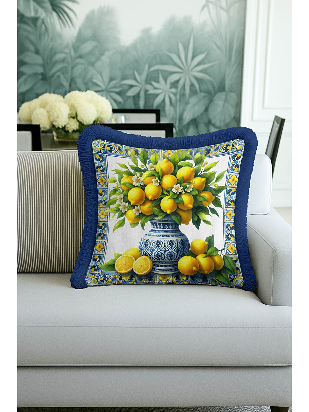 Karışık Mediterranean Bahar Saçaklı Yastık Kılıfı - Limon Çiçeği Country Mavi Sarı Püsküllü Kırlent Kılıfı-1