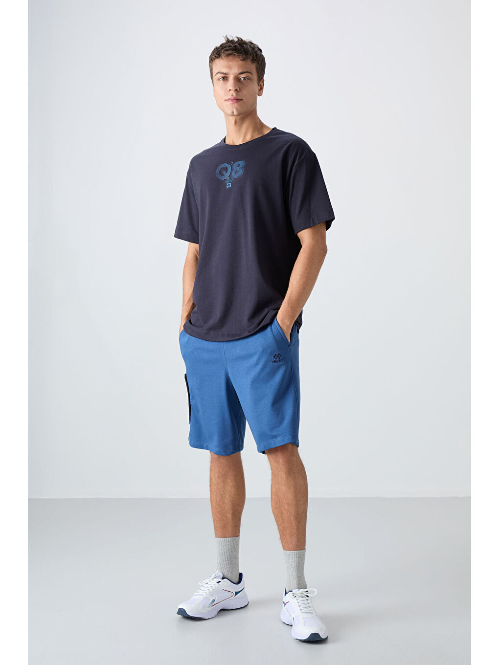 Lacivert Pamuklu Kalın Yumuşak Dokulu Oversize Fit Baskılı Erkek Tişört - 88333-1