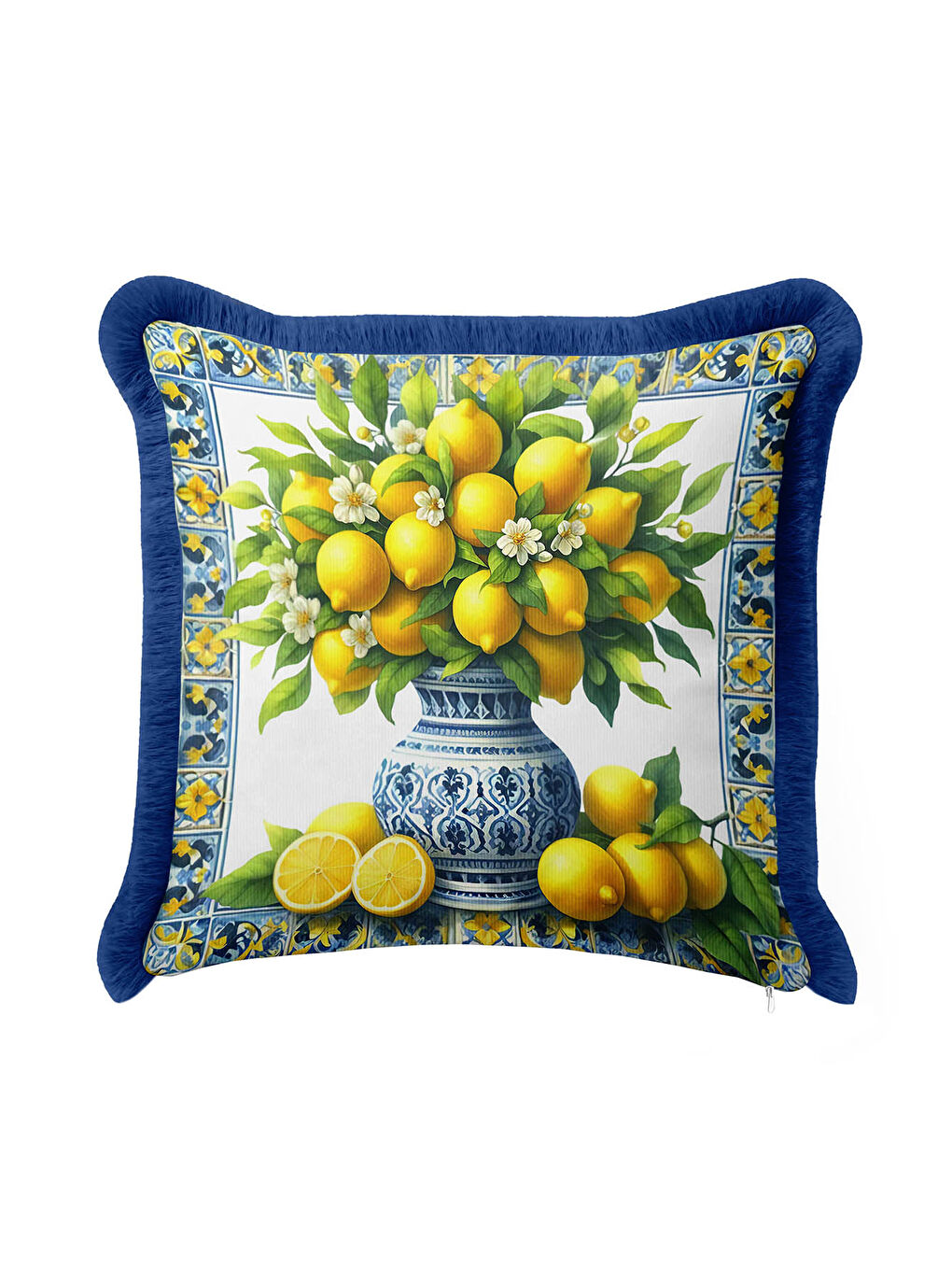 Karışık Mediterranean Bahar Saçaklı Yastık Kılıfı - Limon Çiçeği Country Mavi Sarı Püsküllü Kırlent Kılıfı-2