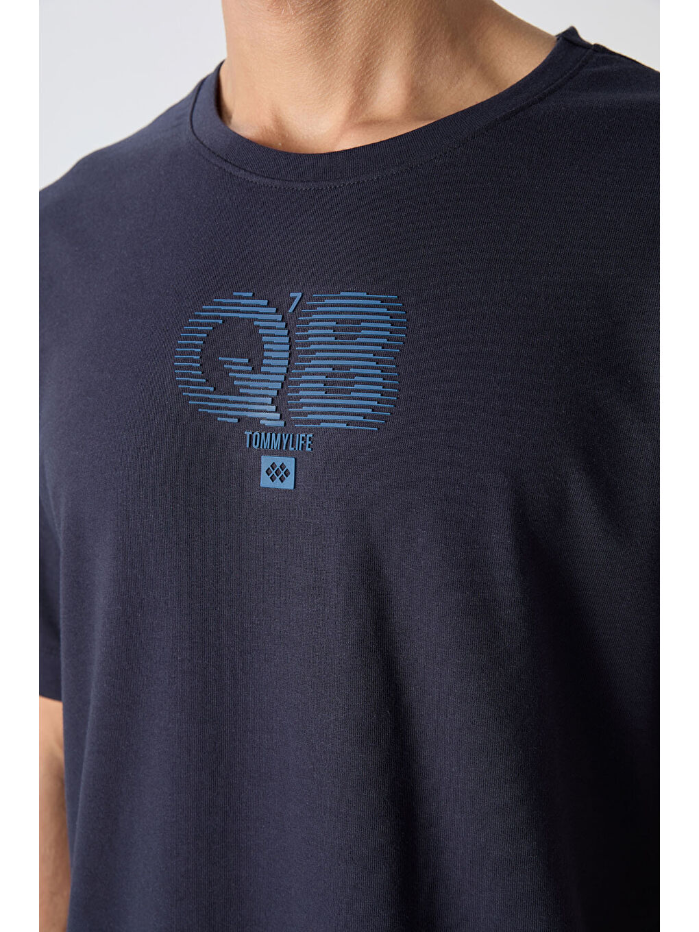 Lacivert Pamuklu Kalın Yumuşak Dokulu Oversize Fit Baskılı Erkek Tişört - 88333-2