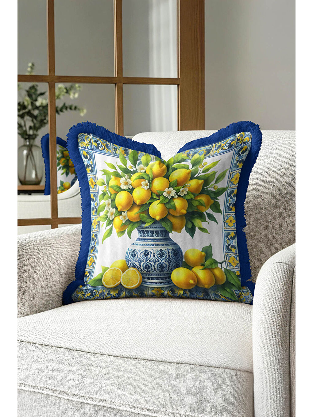 Karışık Mediterranean Bahar Saçaklı Yastık Kılıfı - Limon Çiçeği Country Mavi Sarı Püsküllü Kırlent Kılıfı-3