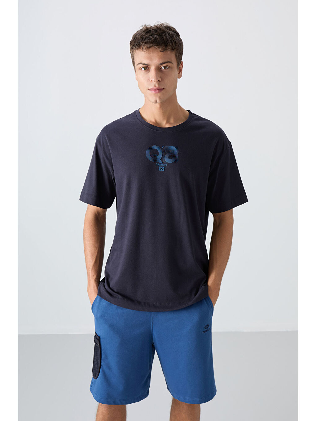 Lacivert Pamuklu Kalın Yumuşak Dokulu Oversize Fit Baskılı Erkek Tişört - 88333-3