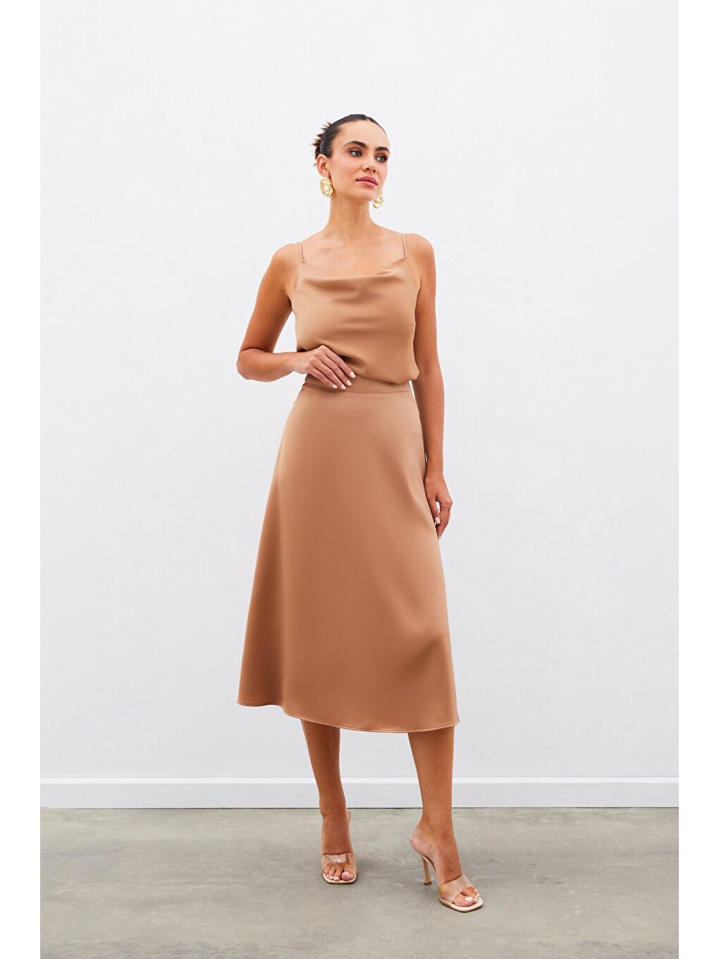 Kahverengi Midi Boy Saten Etek - Camel-2