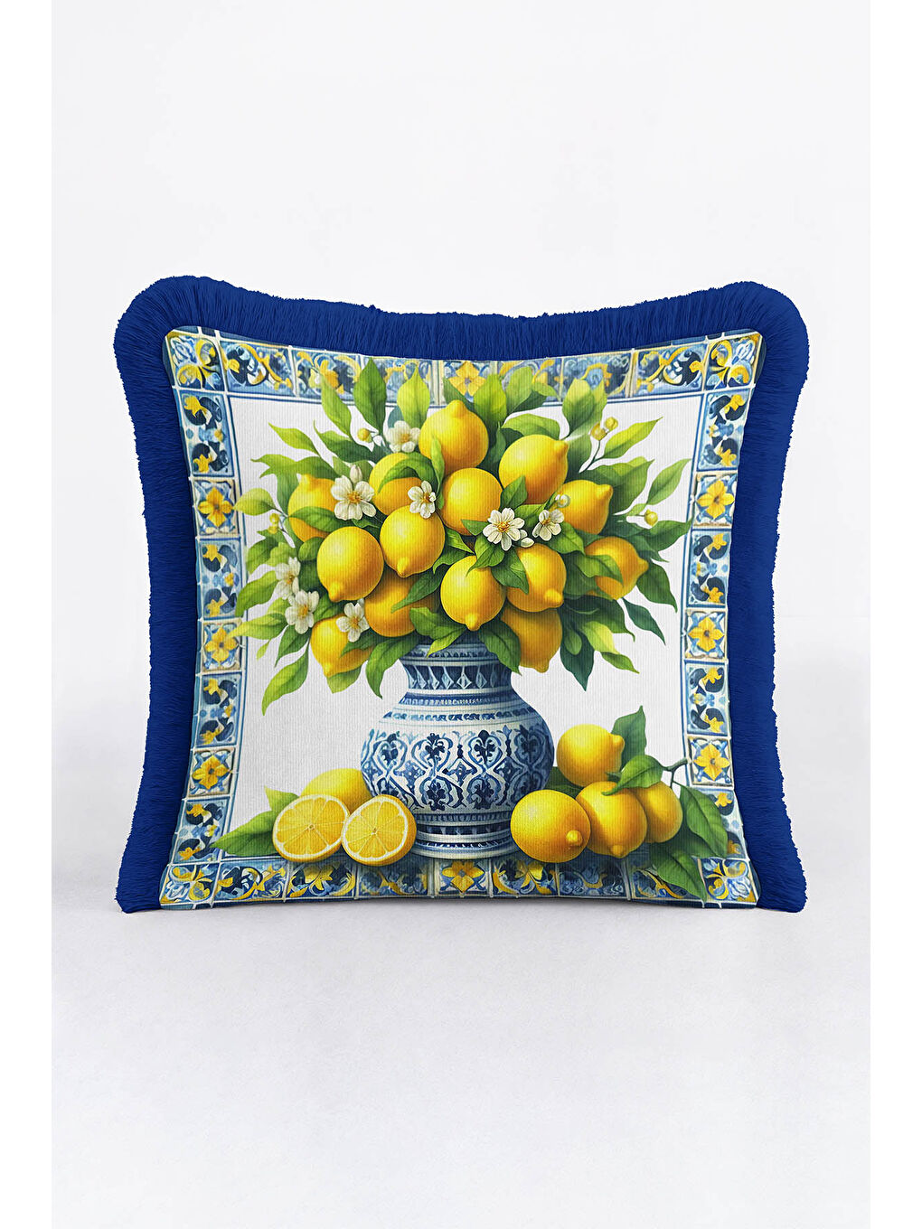 Karışık Mediterranean Bahar Saçaklı Yastık Kılıfı - Limon Çiçeği Country Mavi Sarı Püsküllü Kırlent Kılıfı-4
