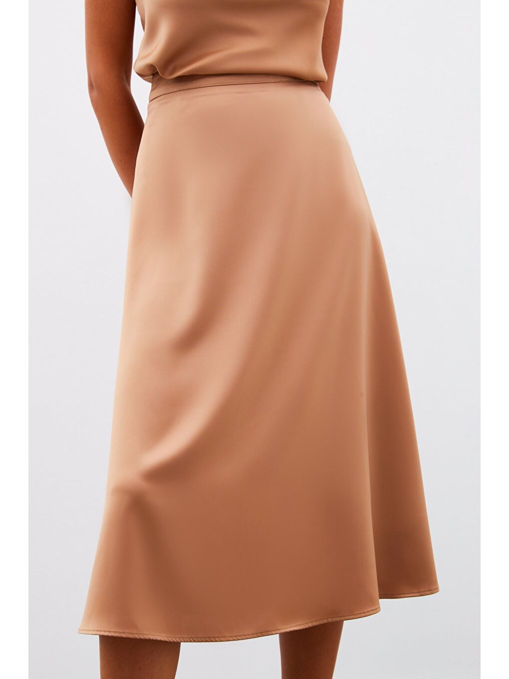Kahverengi Midi Boy Saten Etek - Camel-4