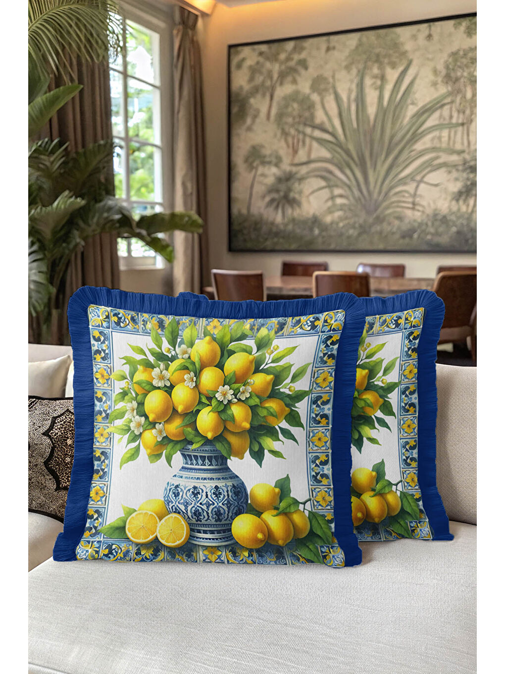Karışık Mediterranean Bahar Saçaklı Yastık Kılıfı - Limon Çiçeği Country Mavi Sarı Püsküllü Kırlent Kılıfı-5