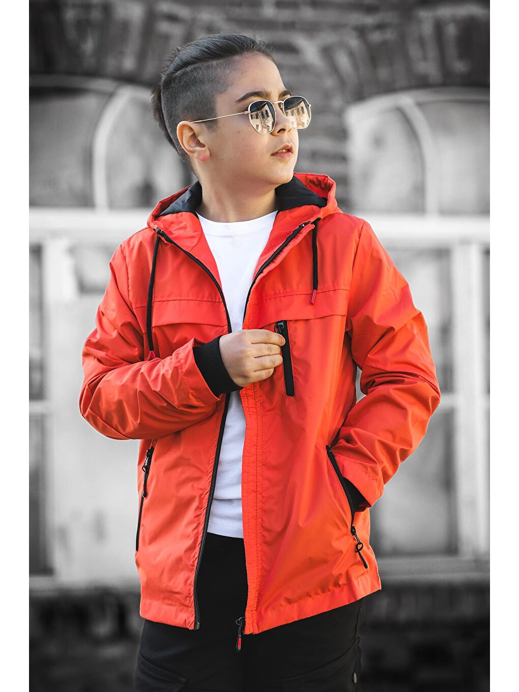 Turuncu Erkek Çocuk Kapüşonlu İçi Astarlı Cepli Mevsimlik Mont 2016-1