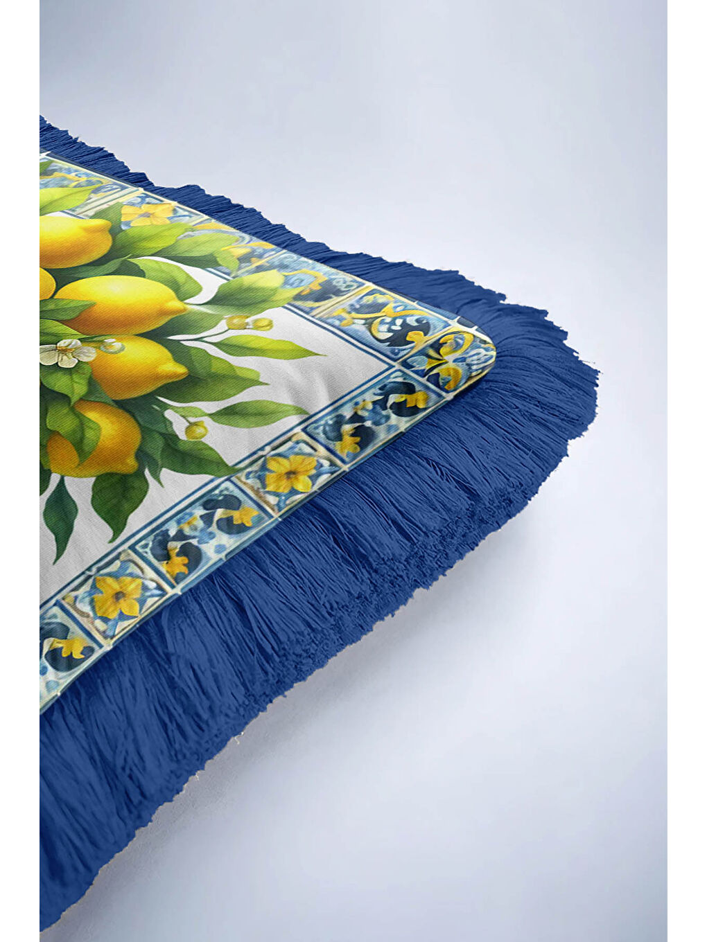 Karışık Mediterranean Bahar Saçaklı Yastık Kılıfı - Limon Çiçeği Country Mavi Sarı Püsküllü Kırlent Kılıfı-6