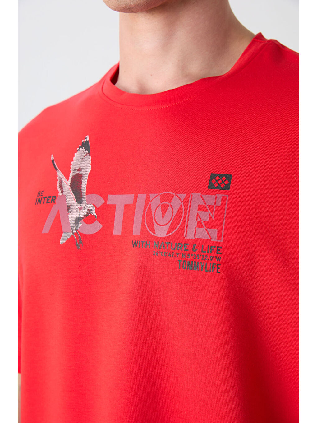 Kırmızı Fiesta Pamuklu Kalın Yumuşak Dokulu Oversize Fit Baskılı Erkek Tişört - 88344-2