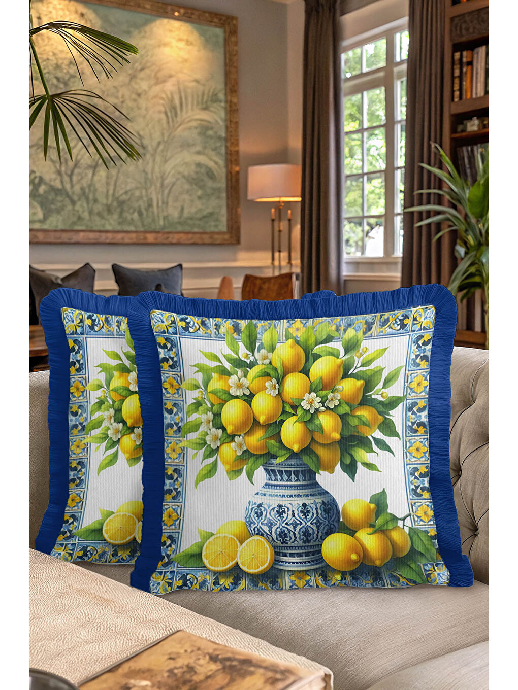 Karışık Mediterranean Bahar Saçaklı Yastık Kılıfı - Limon Çiçeği Country Mavi Sarı Püsküllü Kırlent Kılıfı-7