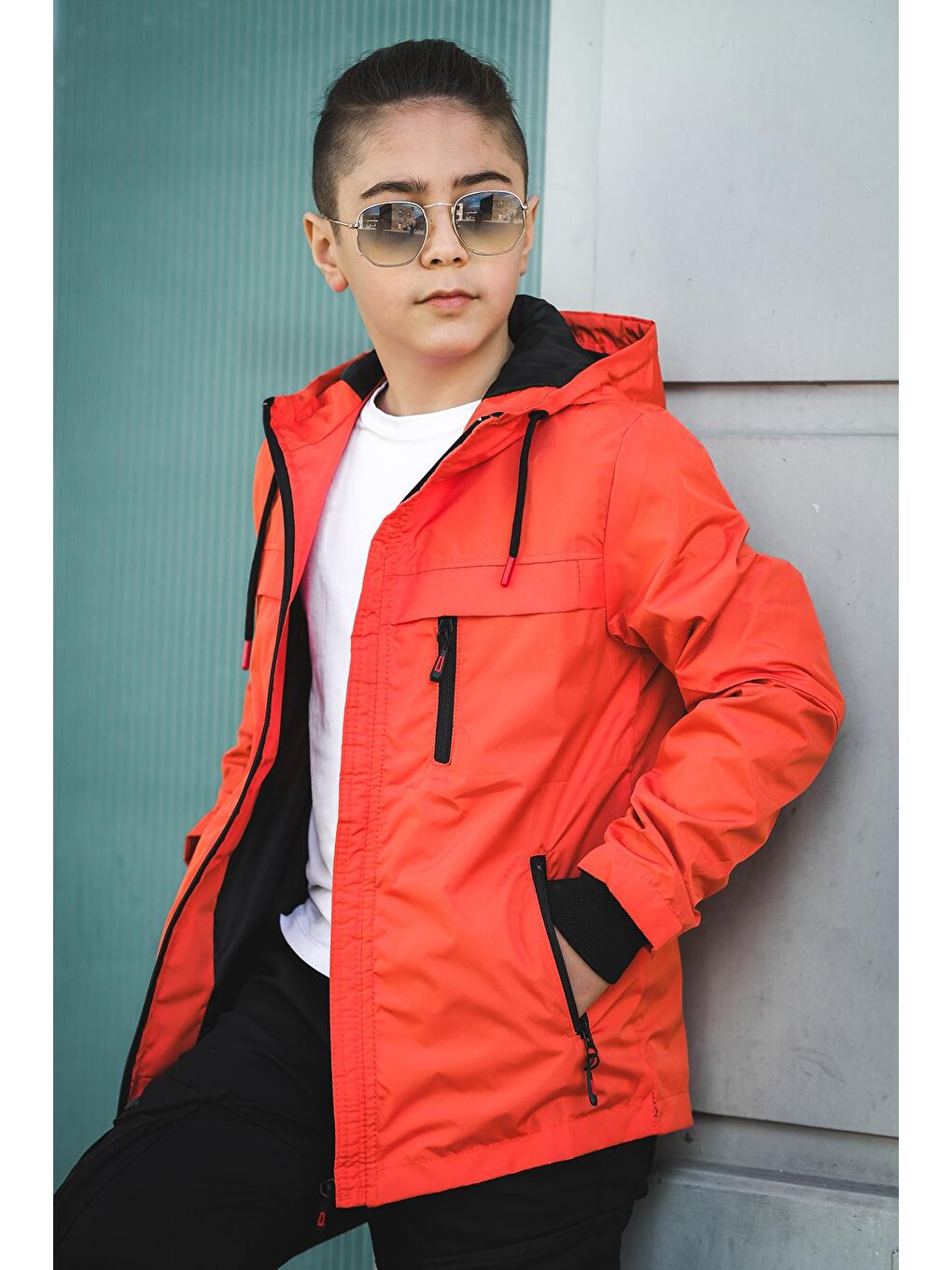 Turuncu Erkek Çocuk Kapüşonlu İçi Astarlı Cepli Mevsimlik Mont 2016-2